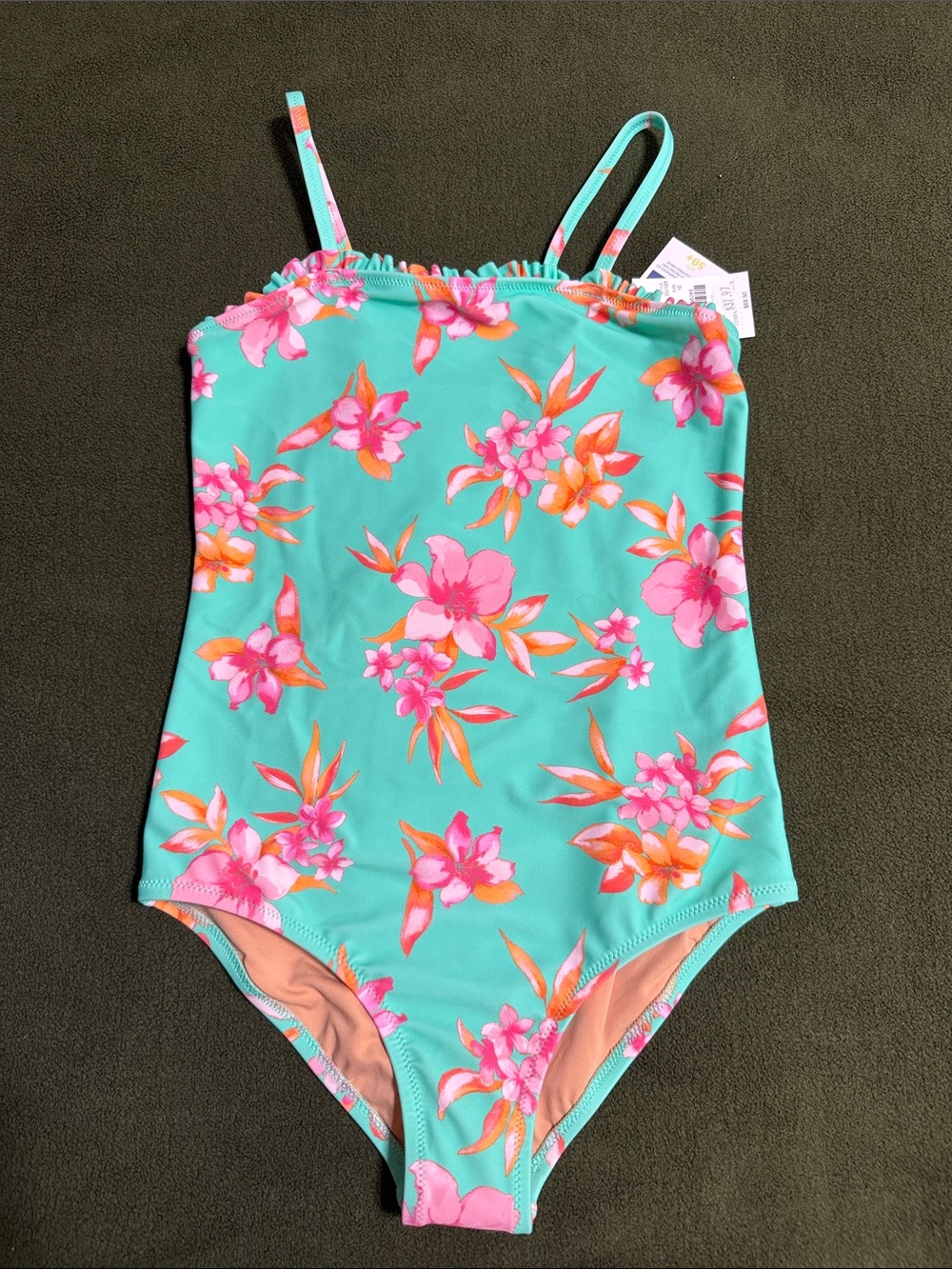 NWT Crewcuts Kids Floral One-Piece Swimsuit - Mint with Pink Flowers size 10